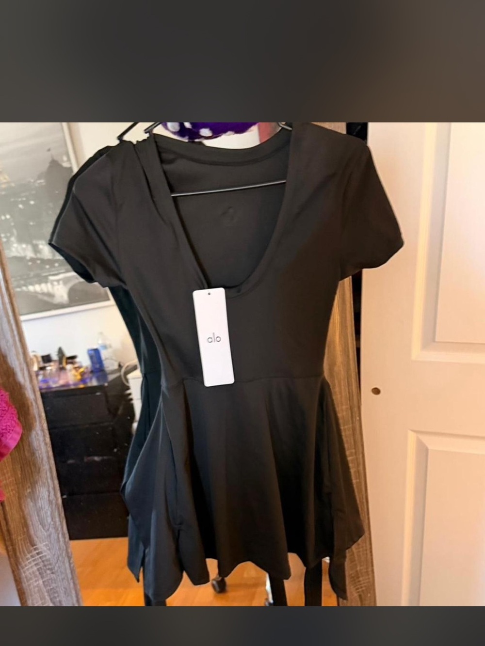 ALO Yoga Black Short Sleeve Fit-and-Flare Mini Dress